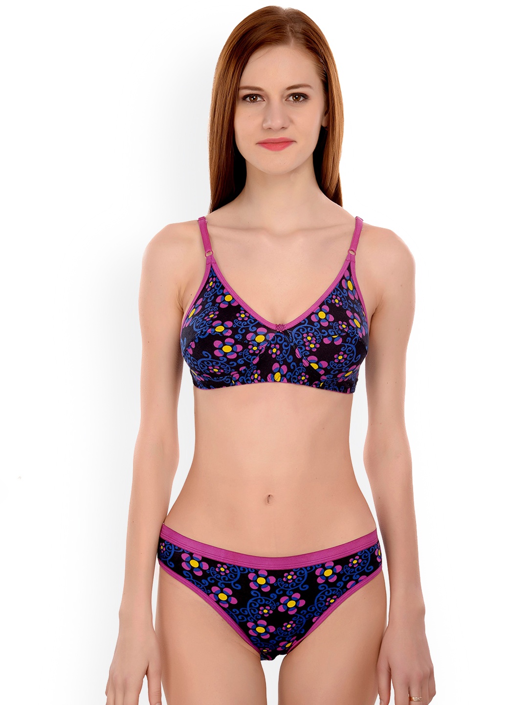 

AROUSY Floral Printed Cotton Non-Padded Lingerie Set, Black