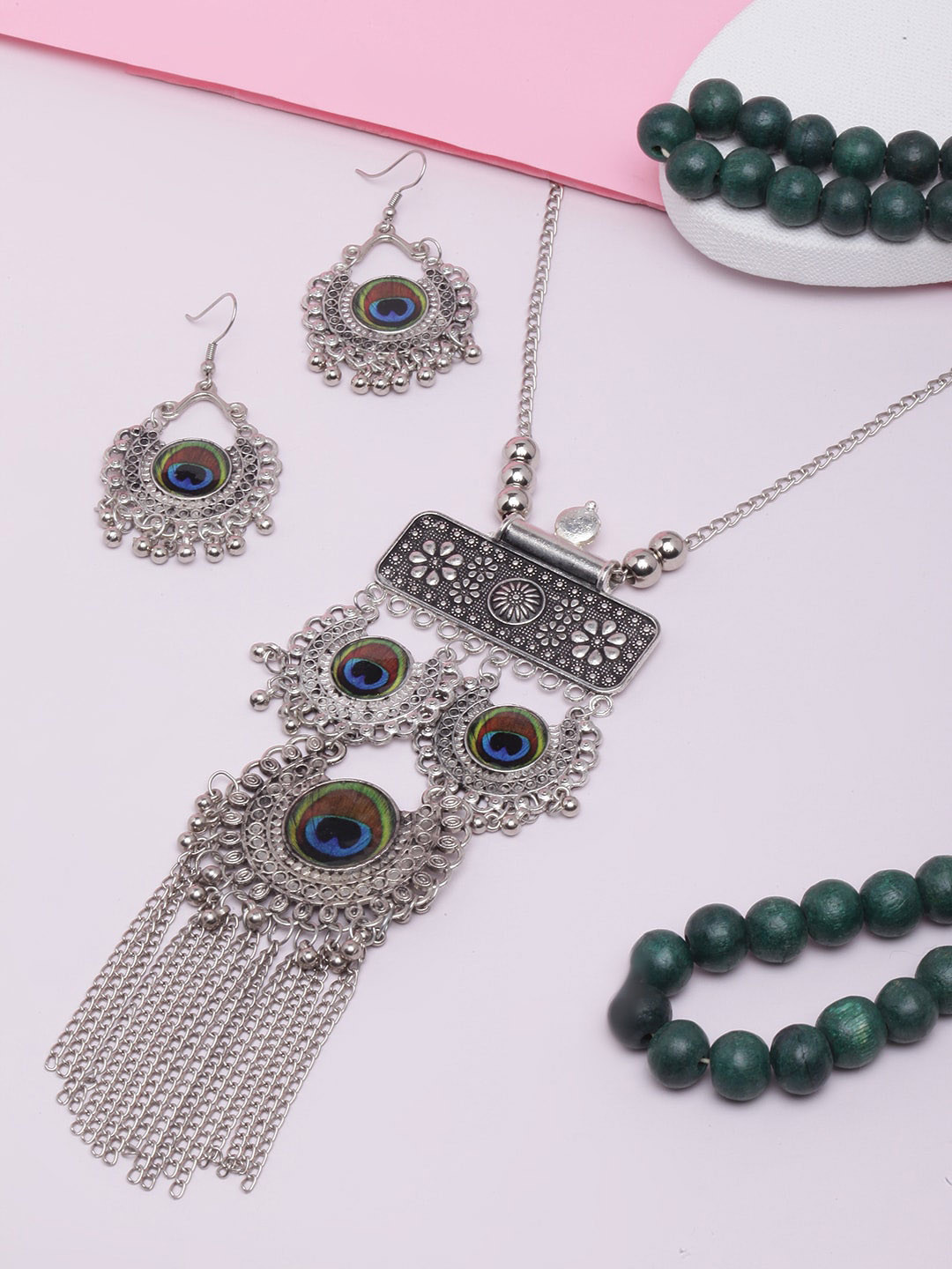 

Sangria Silver-Plated & Peacock Patterned Stone-Studded Jewellery Set