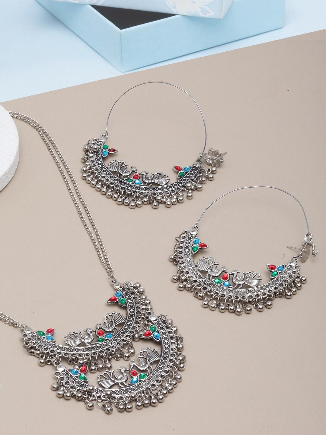 

Sangria Silver-Plated & Peacock Patterned Stone-Studded Jewellery Set