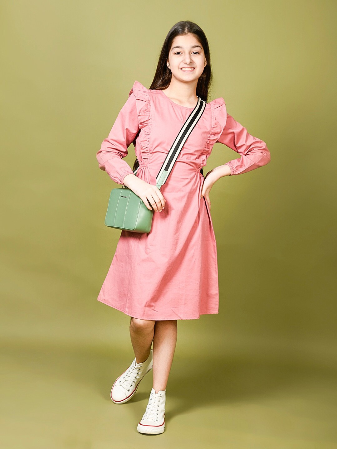 

LilPicks Denim A-Line Round Neck Dress, Pink