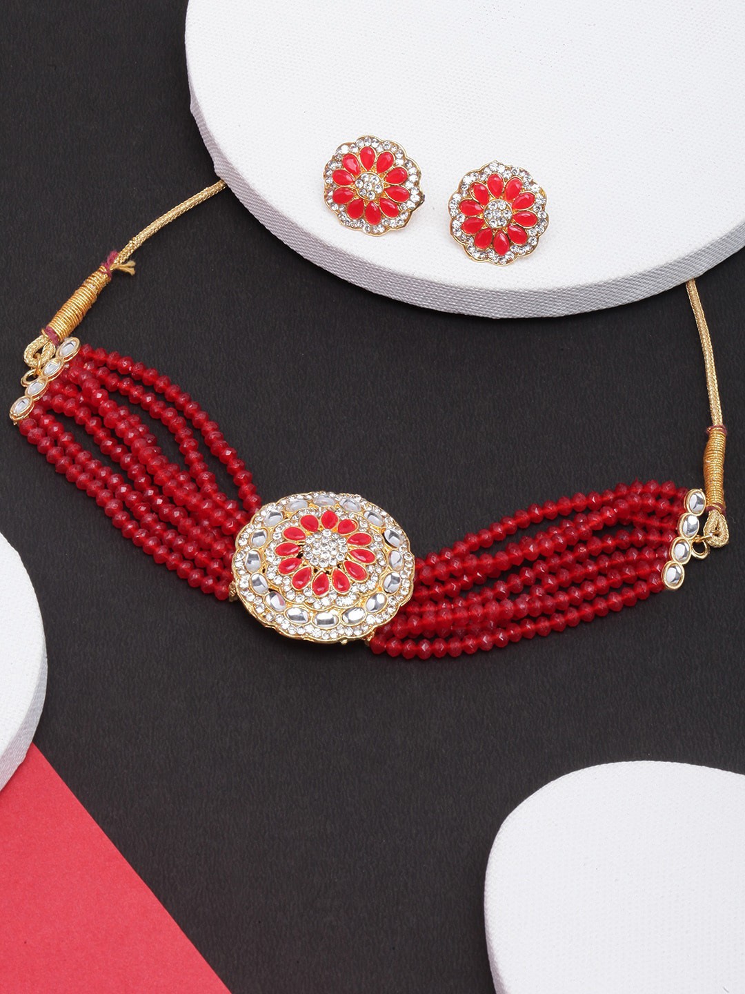

DIVA WALK Stones Studded & Beaded Jewellery Set, Red