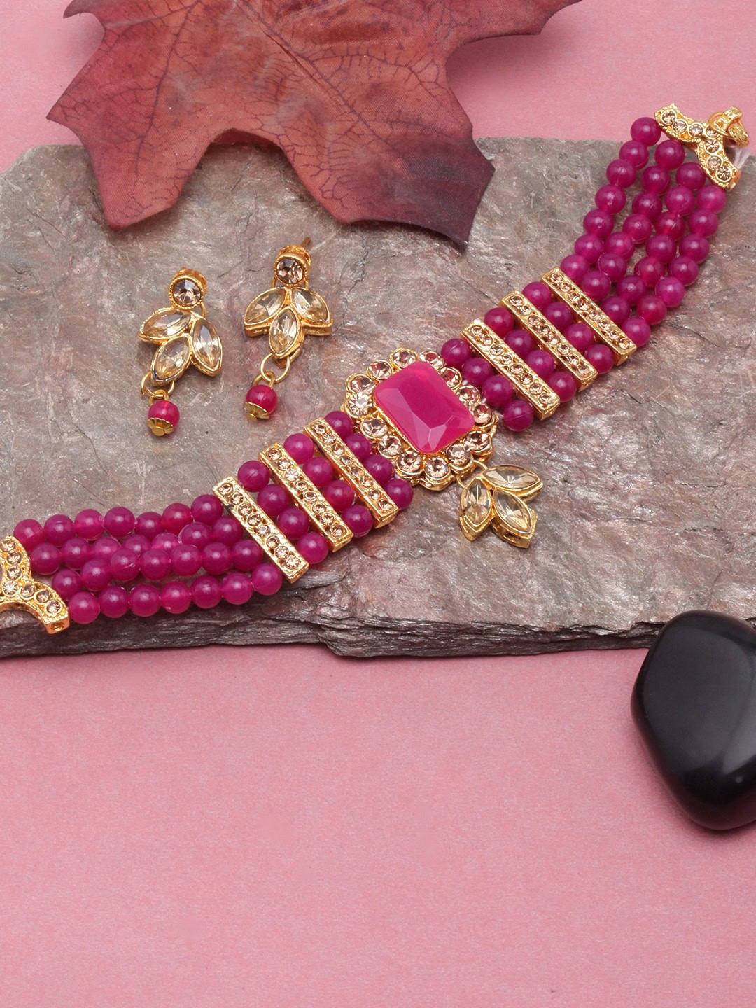 

DIVA WALK Stone-Studded & Pearl Beaded Jewellery Set, Pink