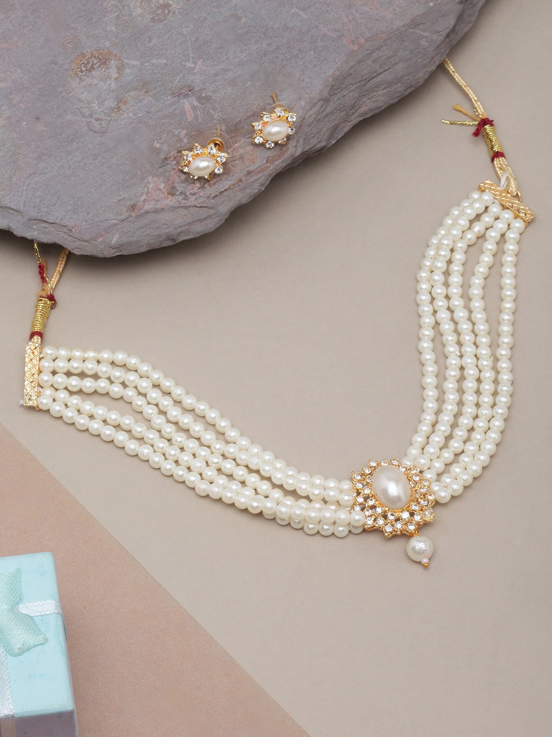 

DIVA WALK Gold-Plated Stone-Studded & Pearl Beaded Jewellery Set