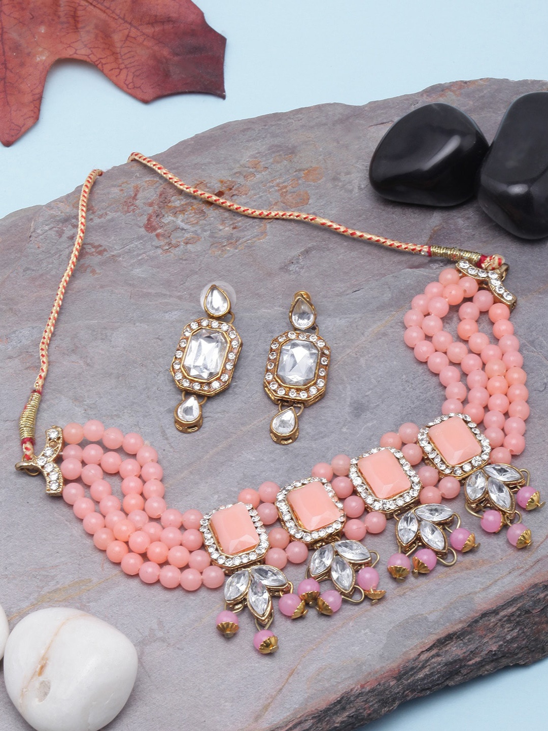

DIVA WALK Gold-Plated Stone Studded & Beaded Jewellery Set