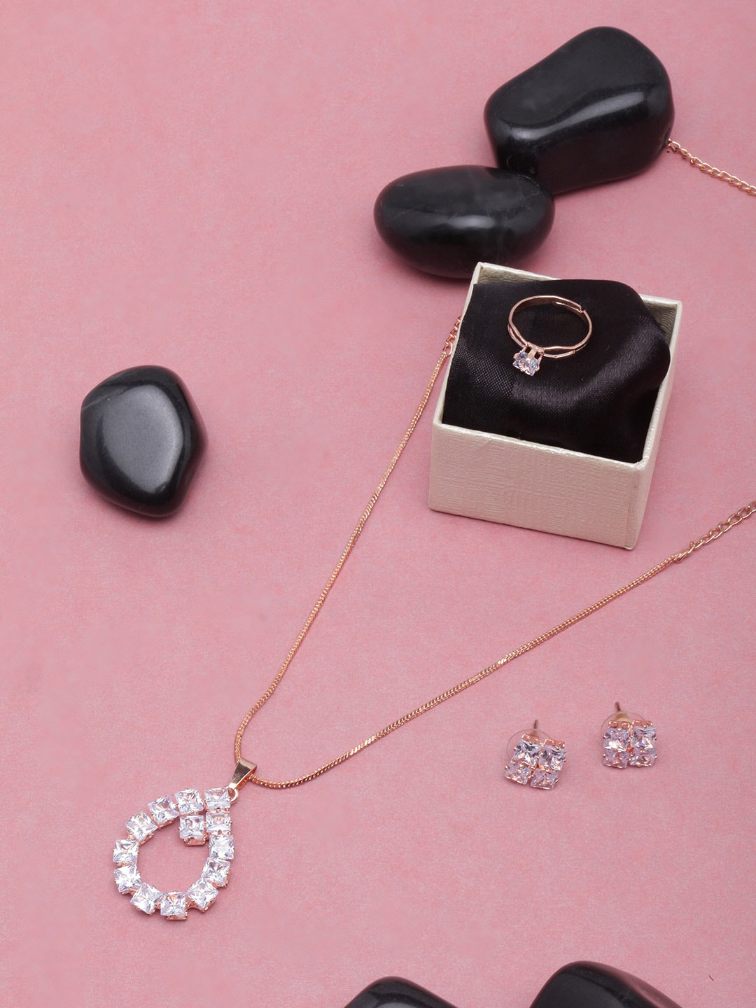 

DIVA WALK Rose Gold-Plated Stone-Studded Jewellery Set