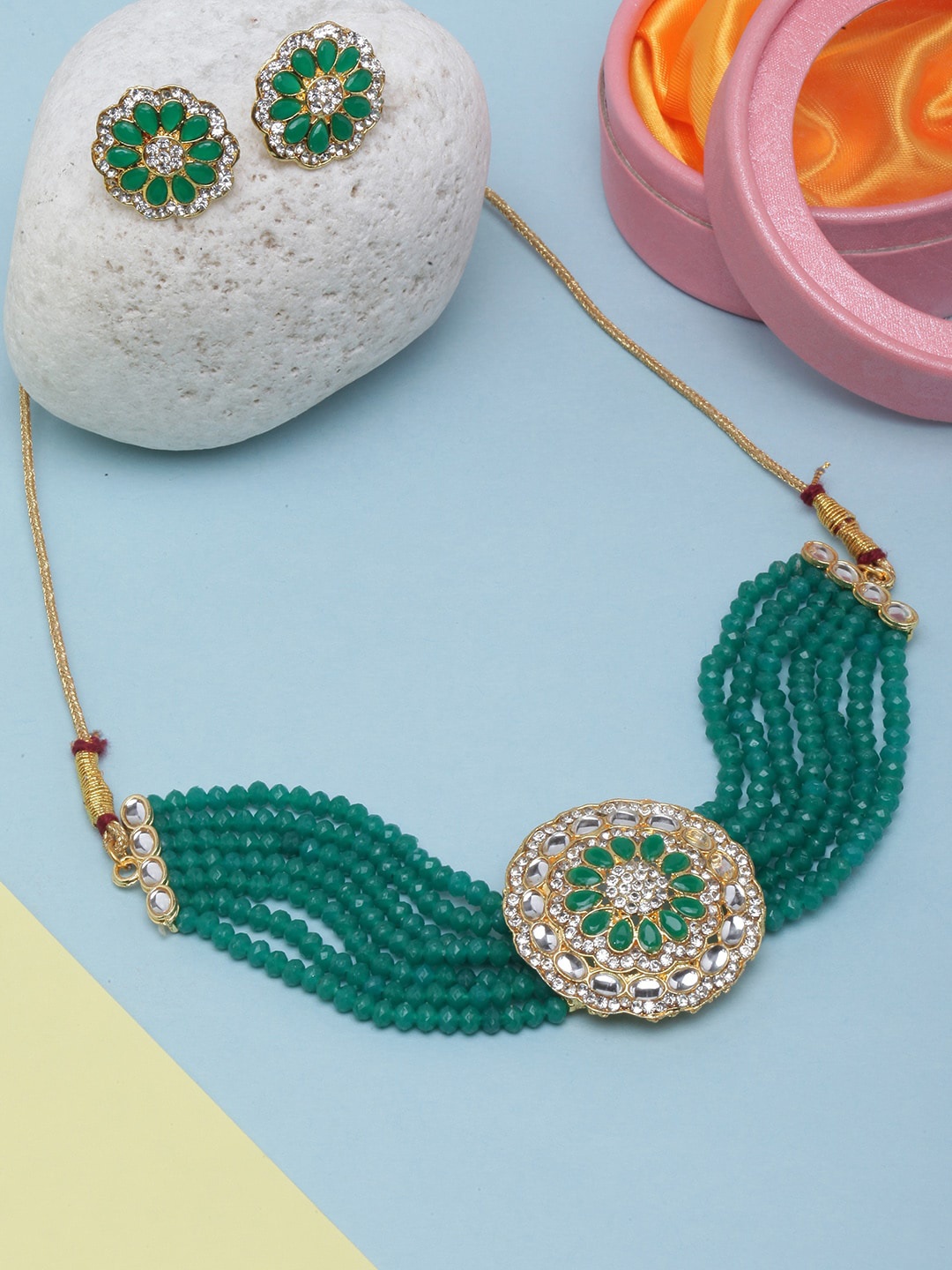 

DIVA WALK Gold-Plated Stone Studded & Beaded Jewellery Set