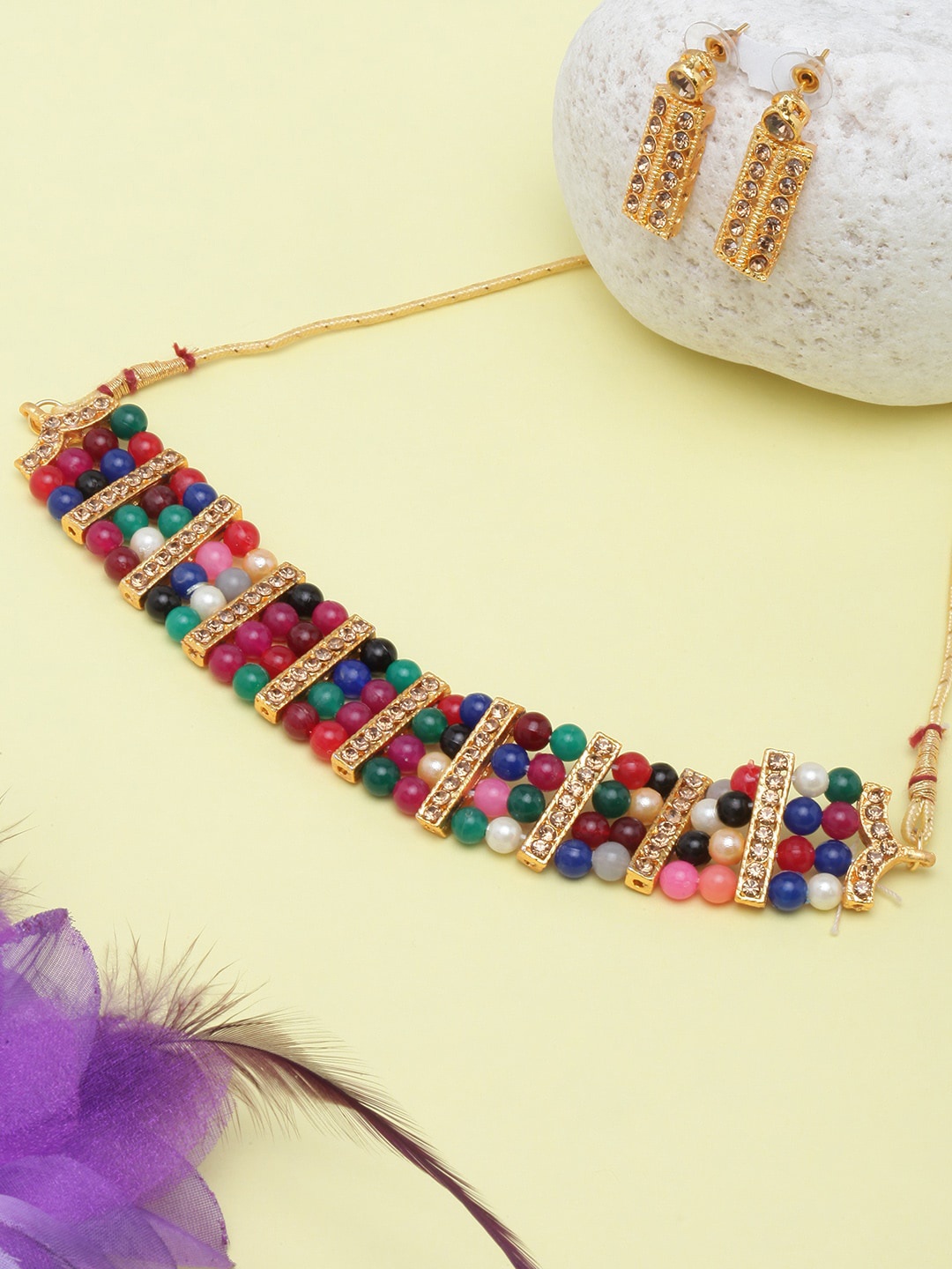 

DIVA WALK Gold-Plated Stone-Studded & Pearl Beaded Jewellery Set