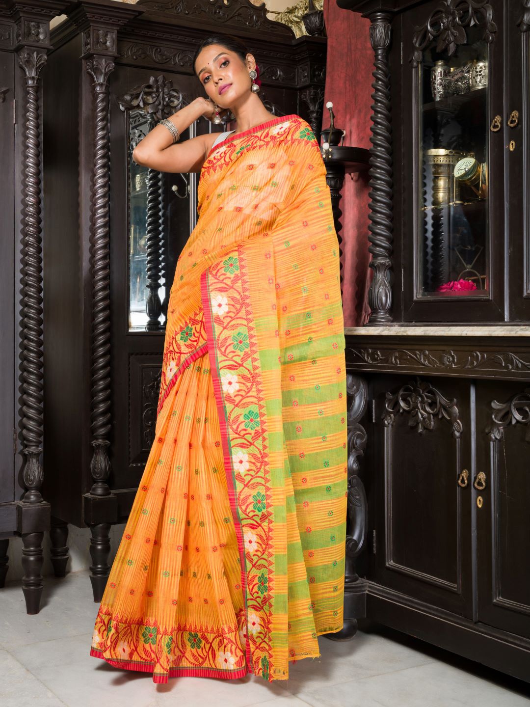 

HERE&NOW Woven Design Pure Cotton Taant Saree, Yellow