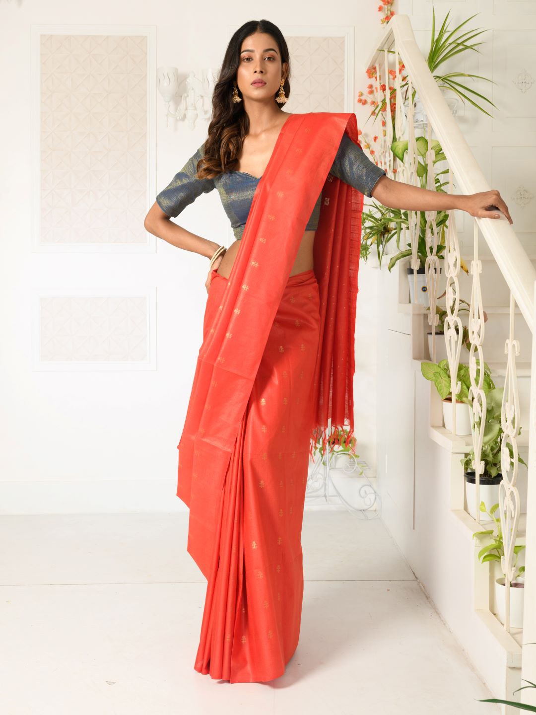 

HERE&NOW Woven Design Bhagalpuri Saree, Coral