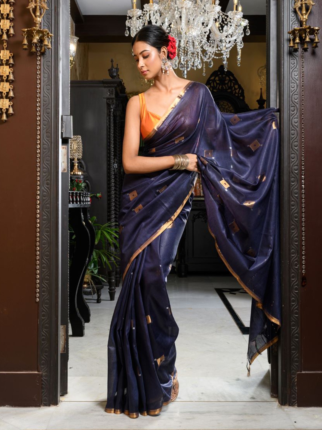 

HERE&NOW Woven Design Zari Bhagalpuri Saree, Navy blue
