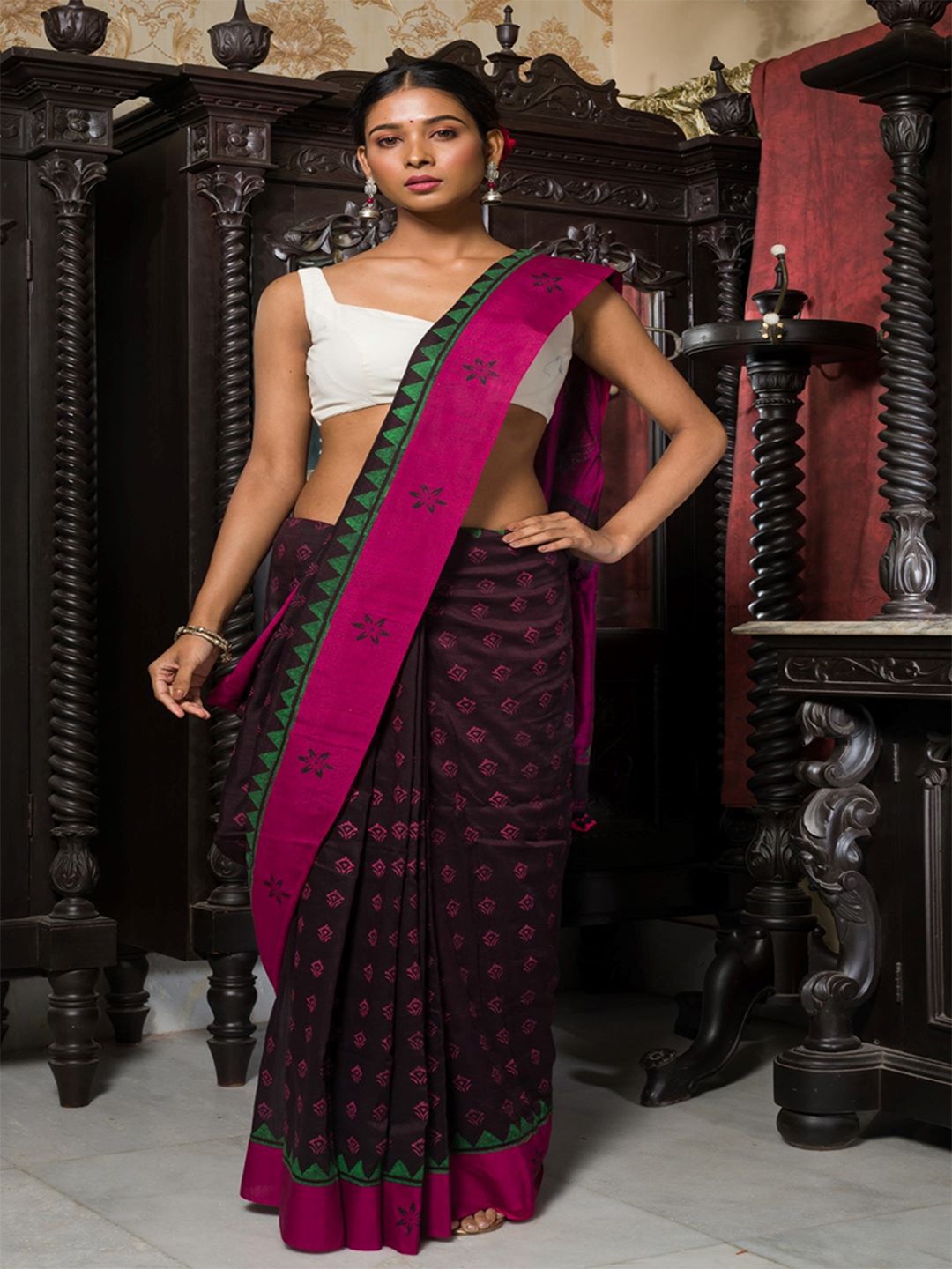 HERE&NOW Ethnic Motifs Block Print Saree, Coffee brown