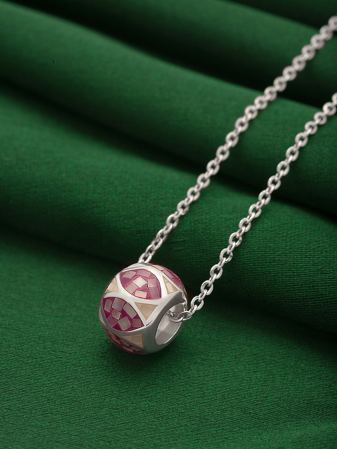 

SILBERRY Women 925 Sterling Rhodium-Plated Mother Of Pearl-Studded Pendant With Chain, Silver