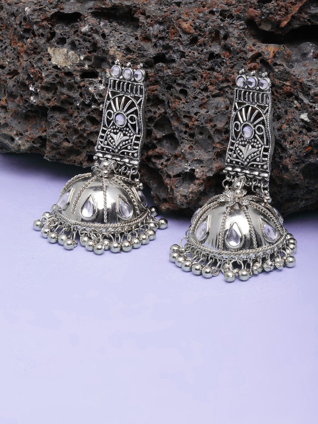 Sangria Silver-Plated Stone-Studded Earrings, White