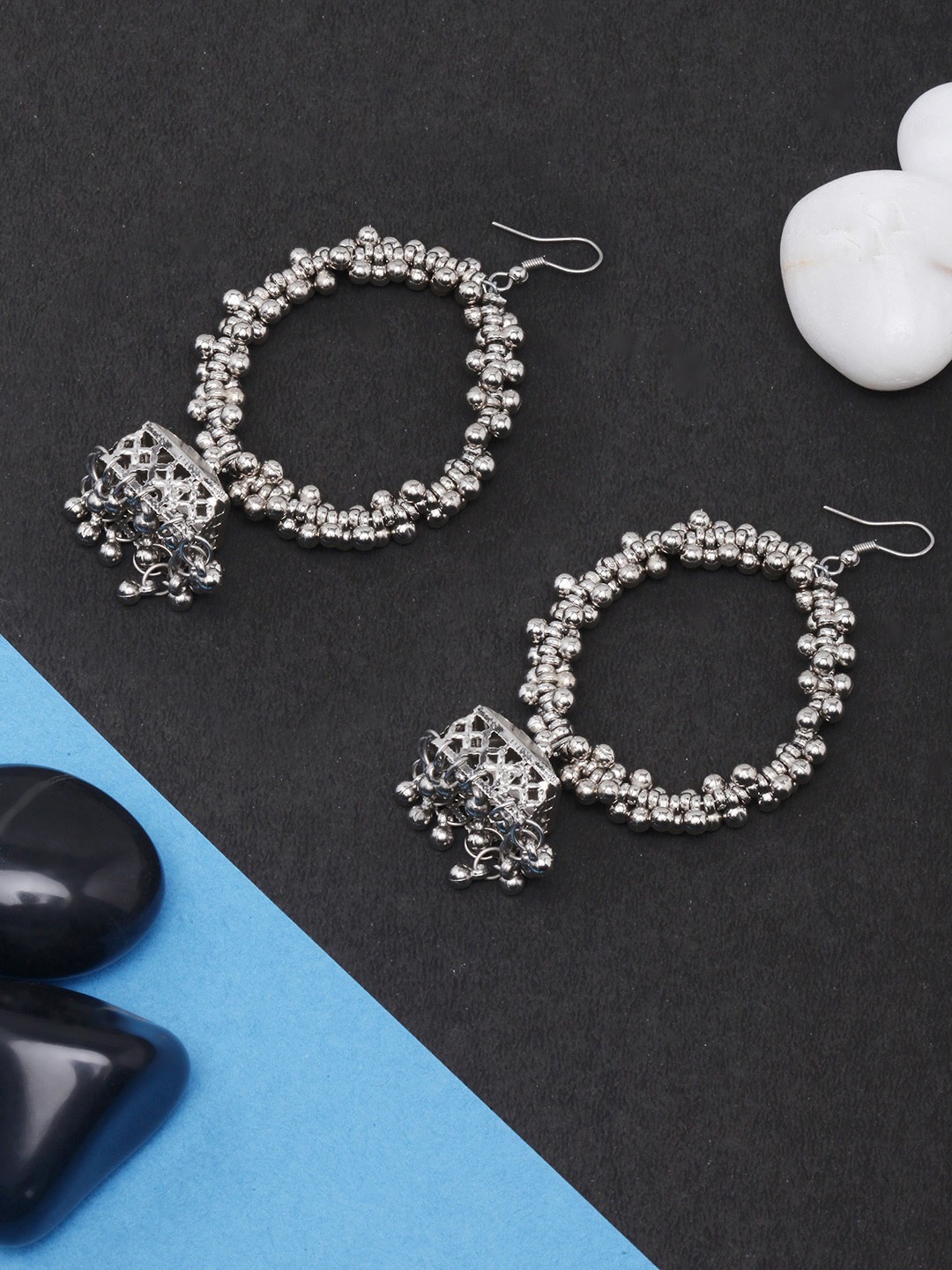 

Sangria Silver-Plated Circular Drop Jhumka Earrings