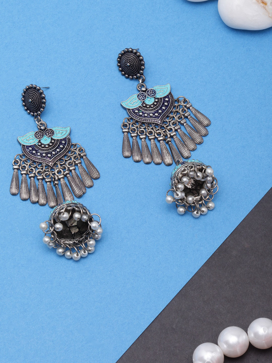 

Sangria Silver-Plated Contemporary Jhumkas Earrings