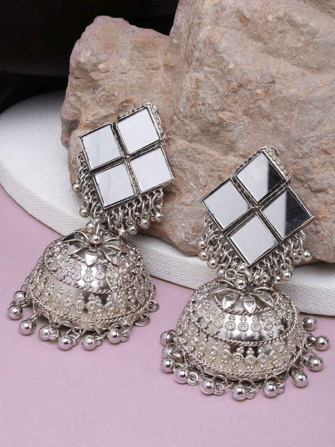

Sangria Silver-Plated Mirror Studded Jhumka Earrings