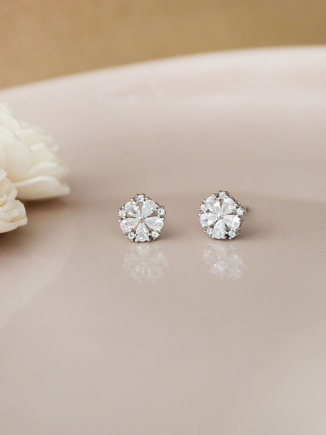 

MANNASH Rhodium-Plated Floral Studs Earrings, Silver