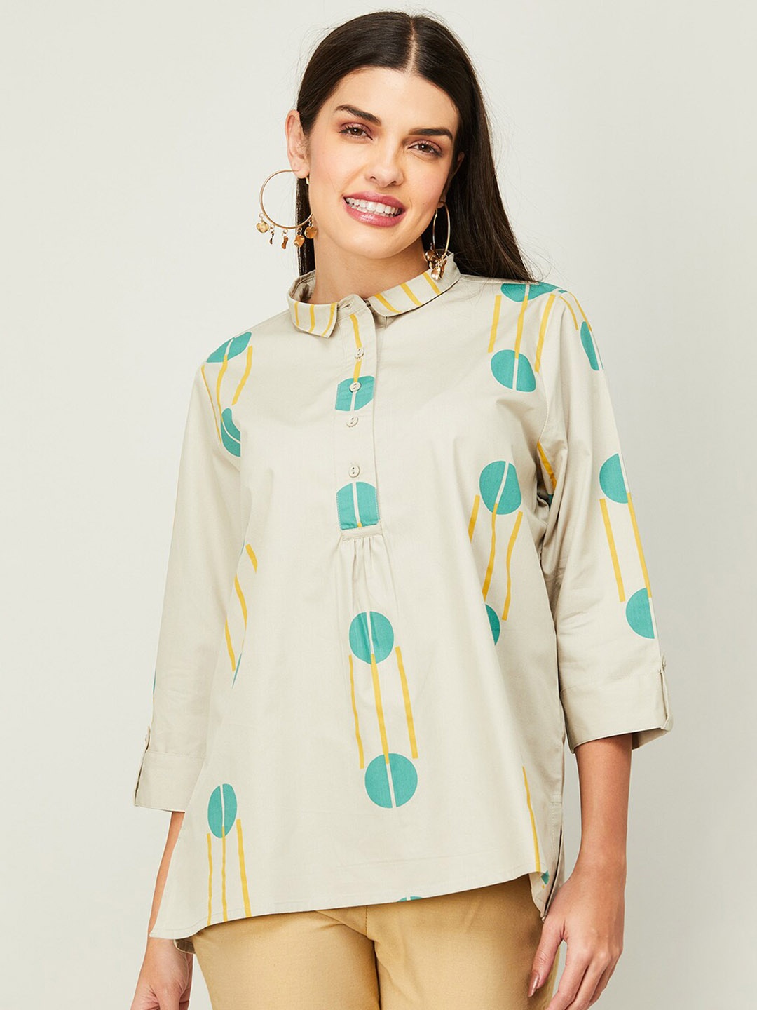 

Melange by Lifestyle Shirt Collar Printed Tunic, Beige