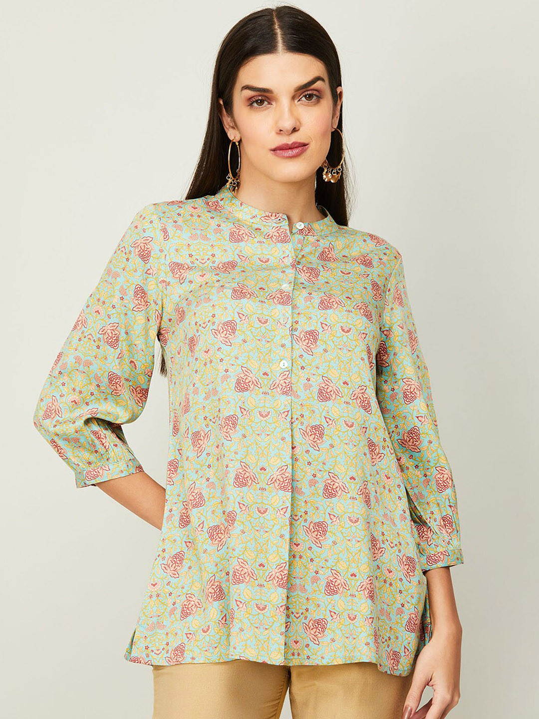 

Melange by Lifestyle Viscose Rayon Mandarin Collar Printed Tunic, Blue