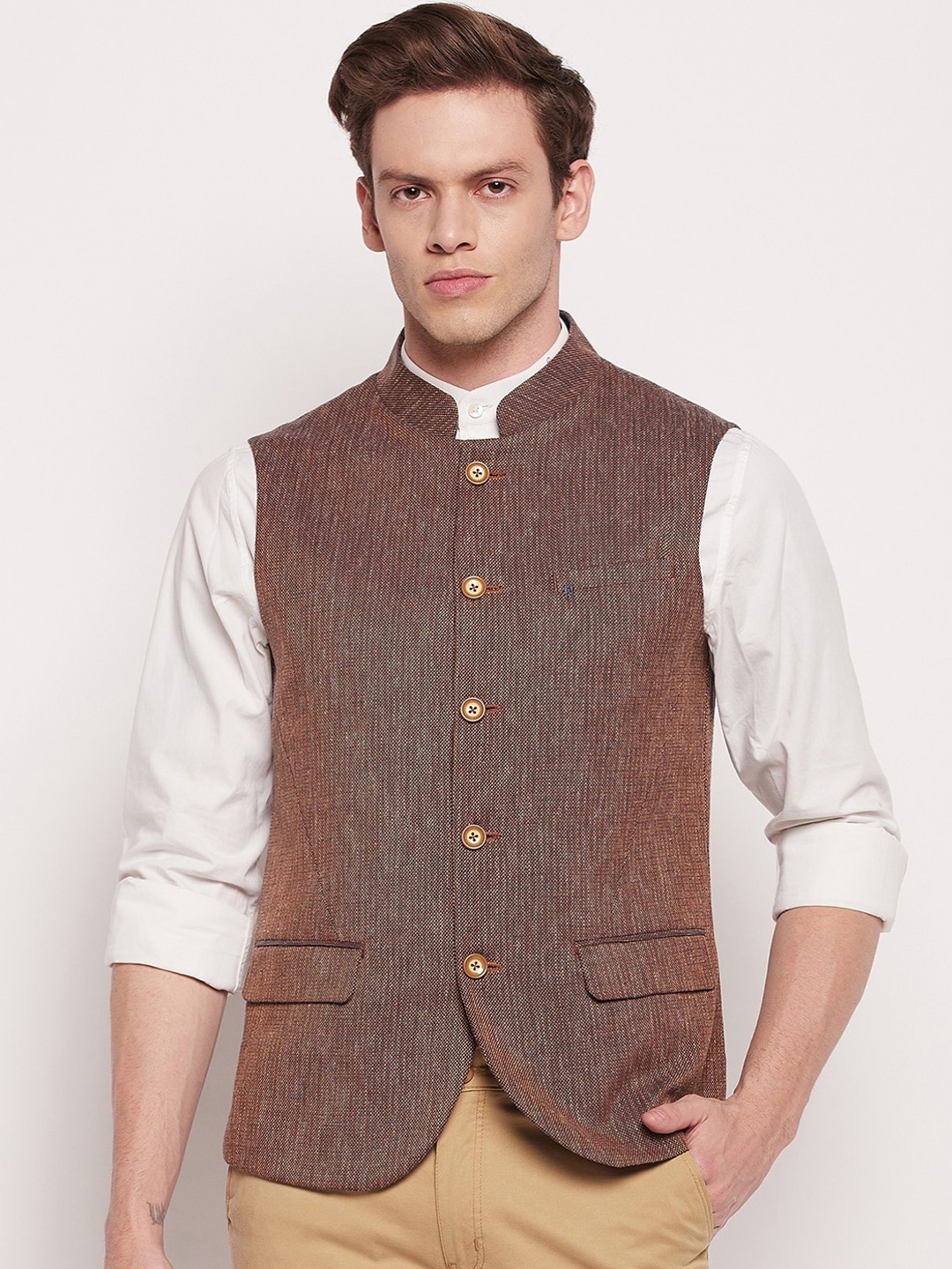 

Cantabil Men Mandarin Collar Nehru Jacket, Rust