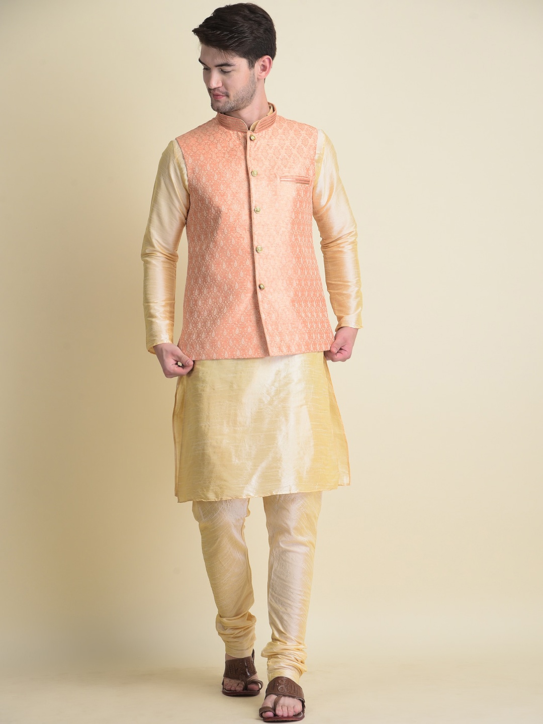 

NAMASKAR Men Gold-Toned Dupion Silk Kurta with Churidar