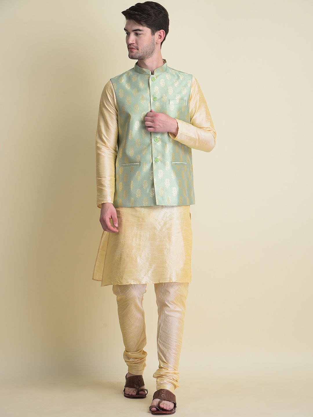 

NAMASKAR Men Gold-Toned Dupion Silk Kurta with Churidar and with Nehru Jacket