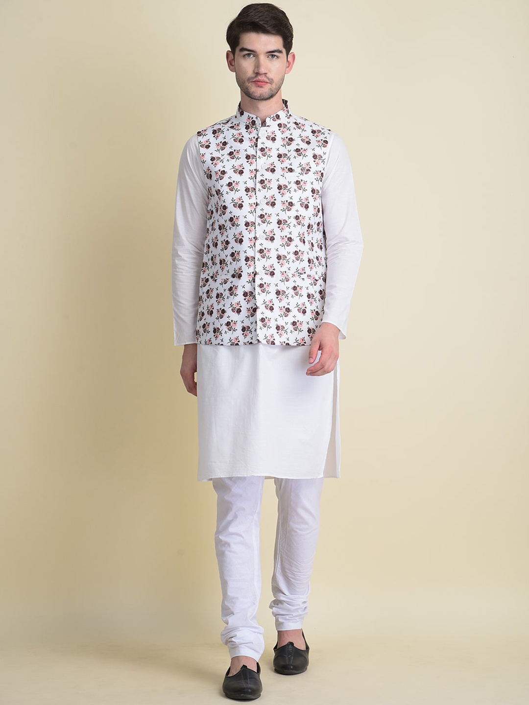 

NAMASKAR Men Pure Cotton Regular Kurta with Churidar With Nehru Jacket, White