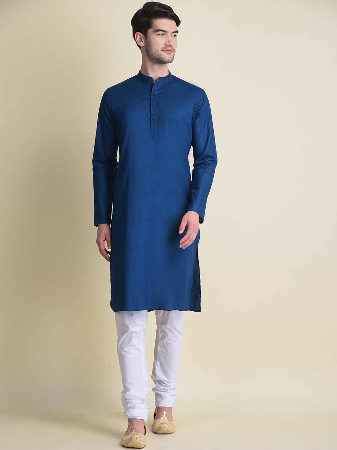 

NAMASKAR Men Pure Cotton Kurta & Churidar With Printed Nehru Jacket, Navy blue