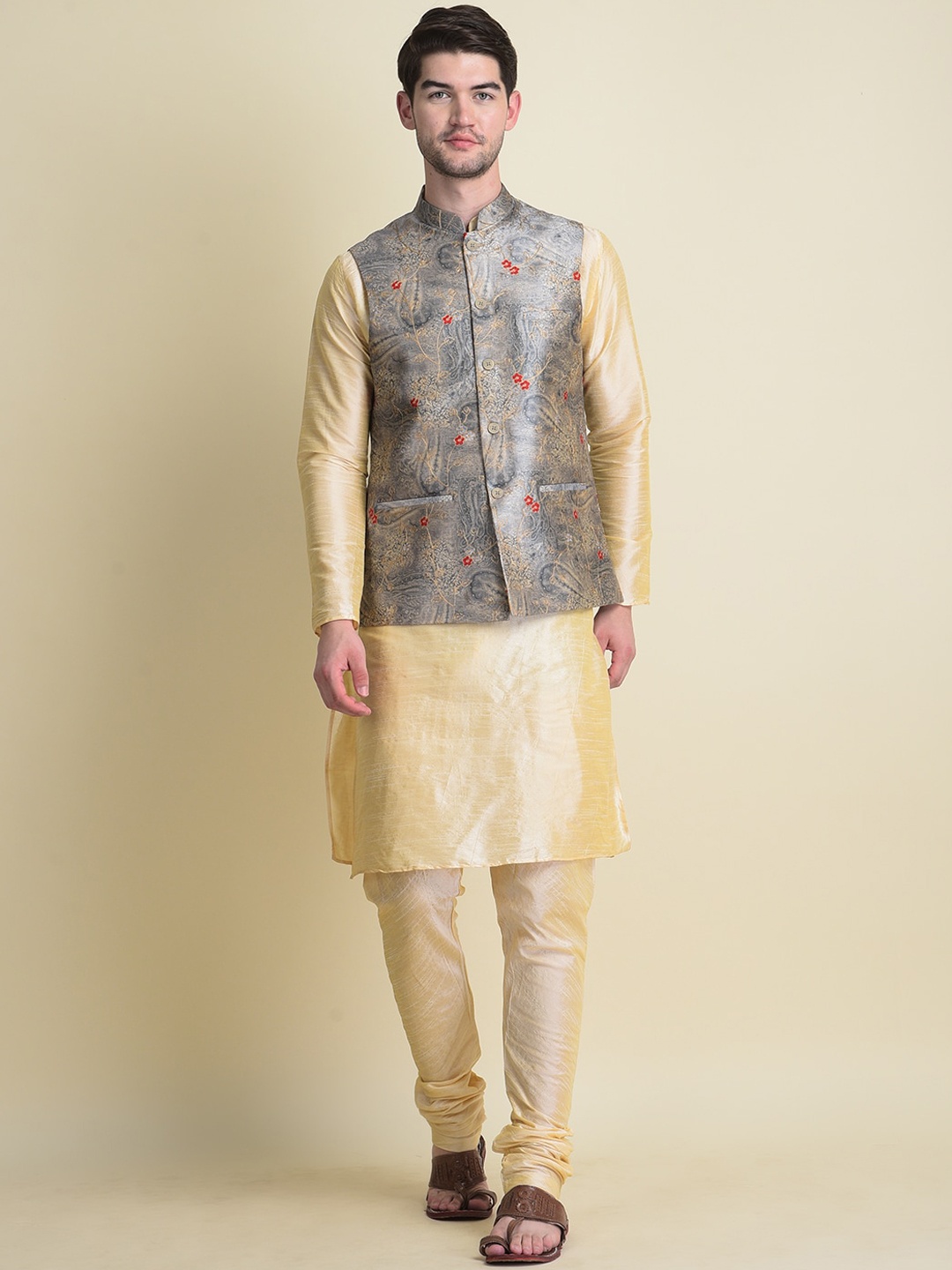 

NAMASKAR Men Dupion Silk Straight Kurta with Churidar & With Embroidered Nehru jacket, Gold