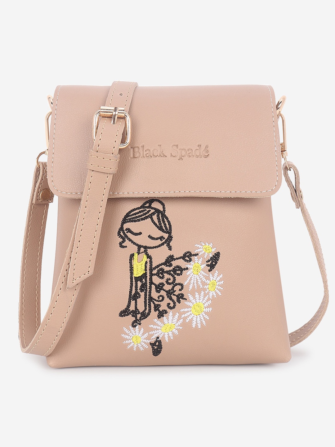 Black Spade PU Structured Sling Bag, Beige