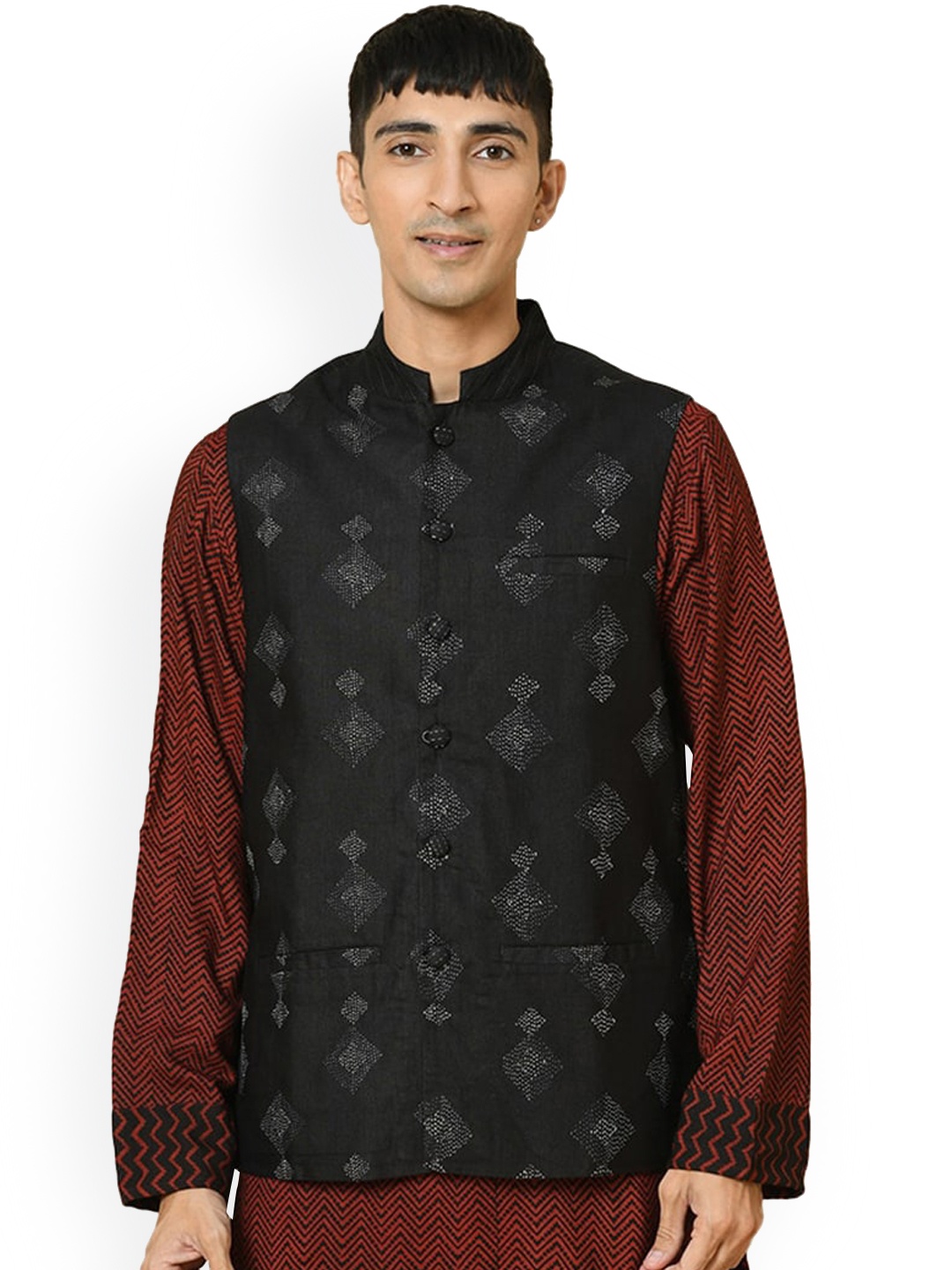 

Fabindia Men Embroidered Nehru Jacket, Black