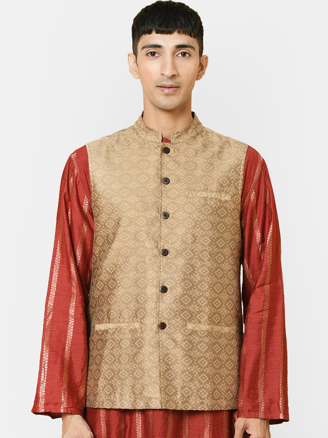 

Fabindia Men Jacquard Printed Nehru jacket, Beige
