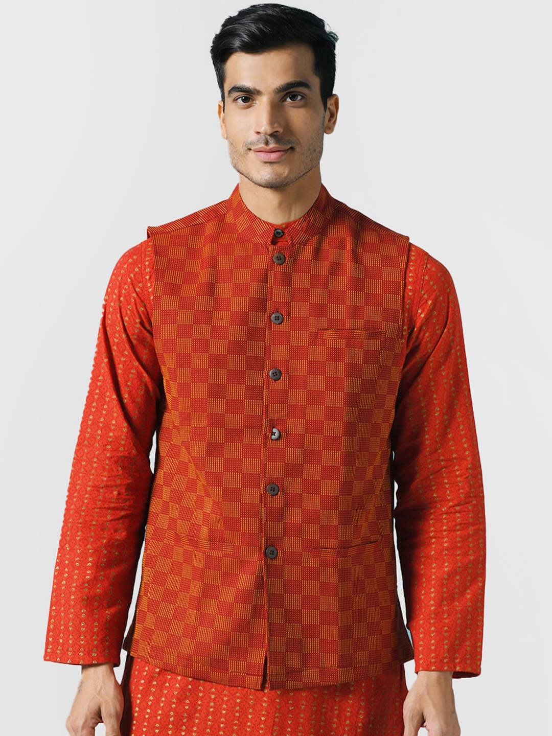 

Fabindia Men Woven Design Pure Cotton Nehru Jacket, Rust
