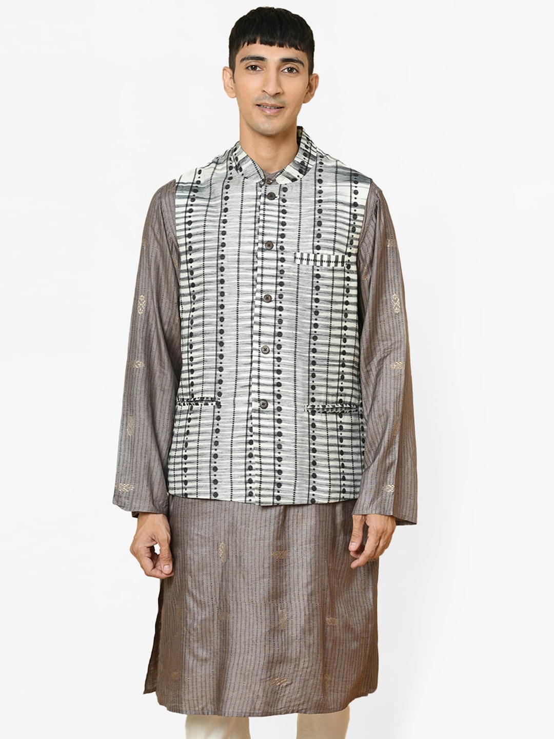 

Fabindia Men Woven Printed Nehru Jacket, Grey