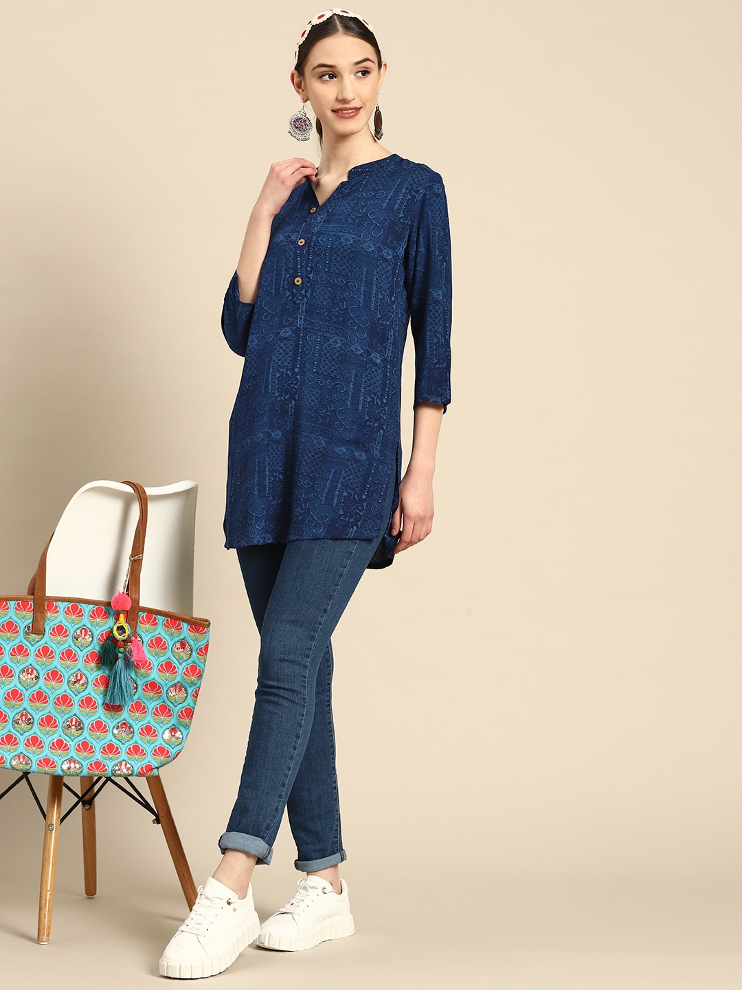 

Sangria Blue Ethnic Motifs Woven Design Kurti