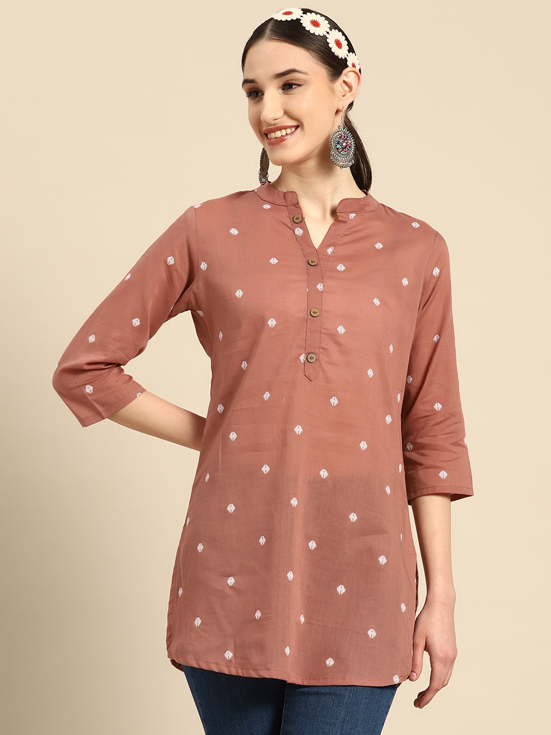

Sangria Mauve Geometric Woven Design Kurti