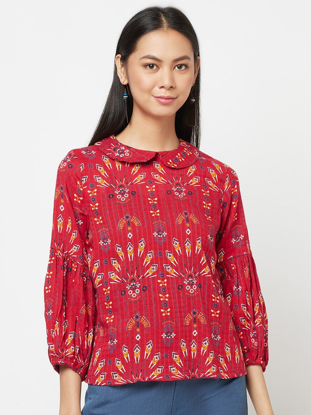 

Fabindia Printed Peter Pan Collar Top, Red