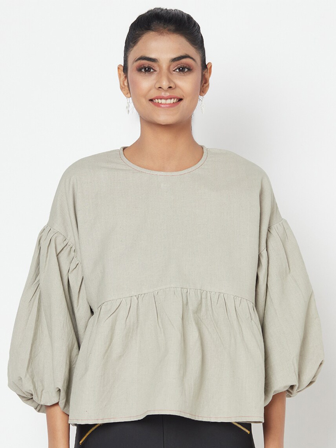 

Fabindia Extended Sleeves Peplum Top, Grey
