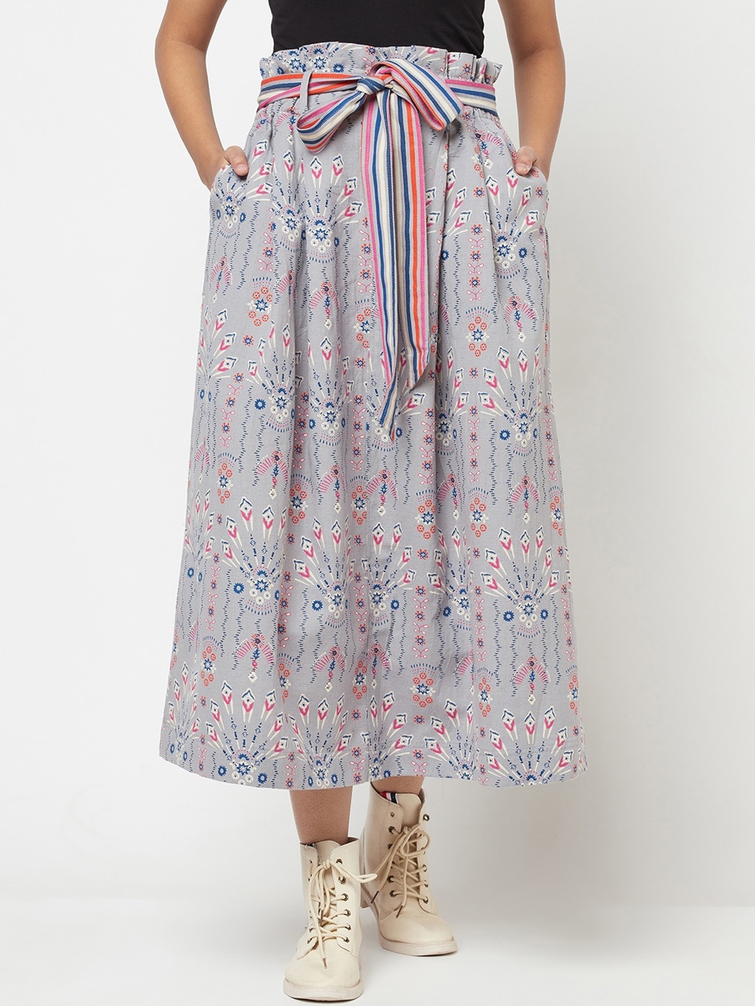 

Fabindia Printed Midi Flared Skirt, Grey