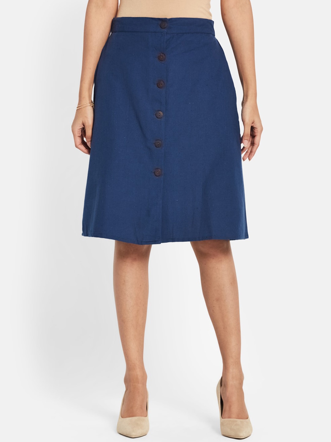 

Fabindia Button Closure A-line Midi Skirt, Blue