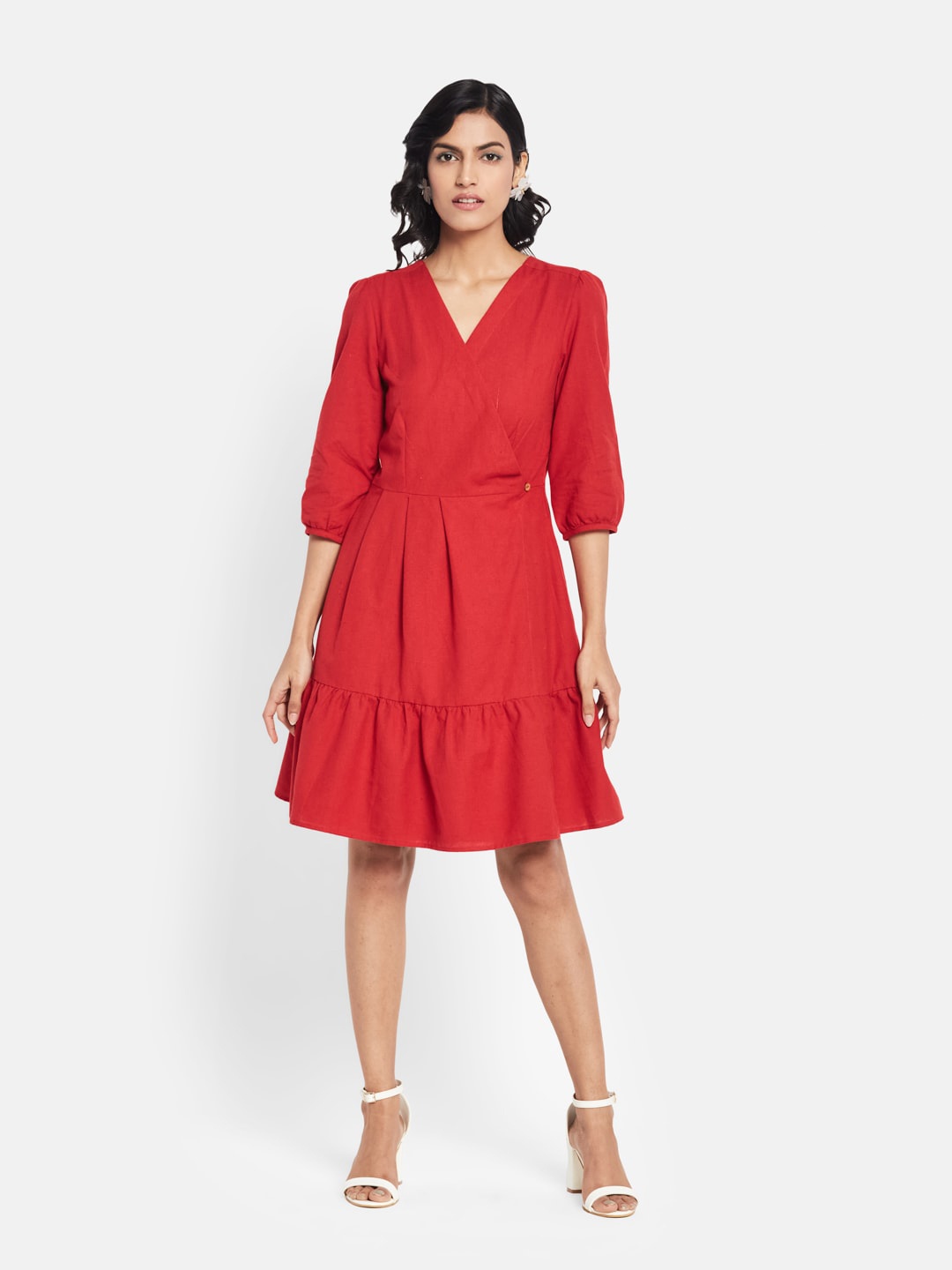 

Fabindia Tiered Wrap Slim Fit Dress, Red
