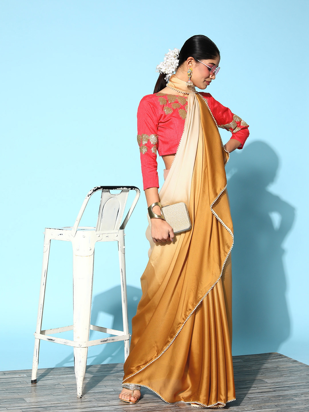 

Shaily Ombre Beads & Stones Satin Saree, Beige