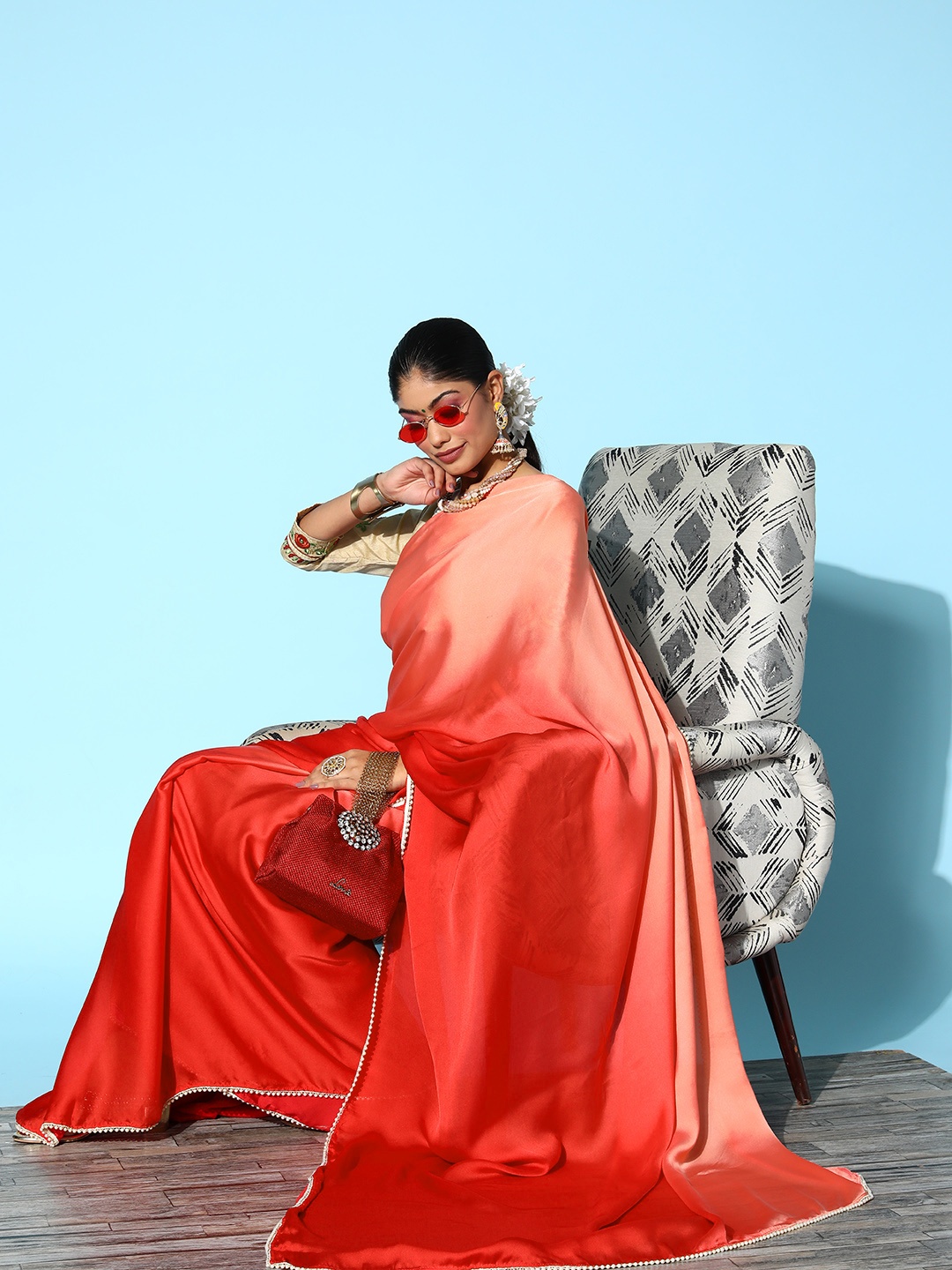 

Shaily Ombre Beads & Stones Satin Saree, Peach