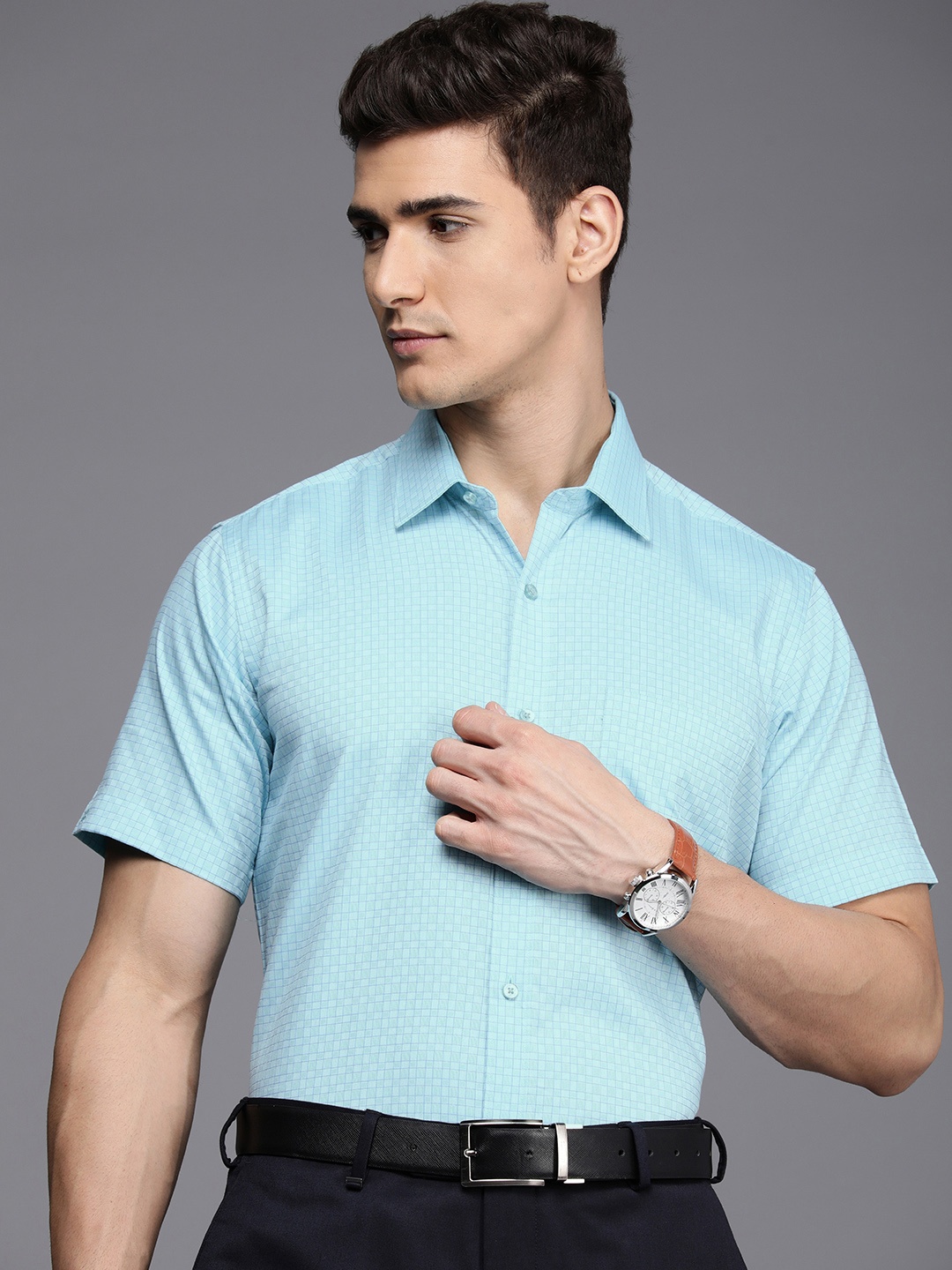 

Raymond Micro Checked Pure Cotton Formal Shirt, Turquoise blue