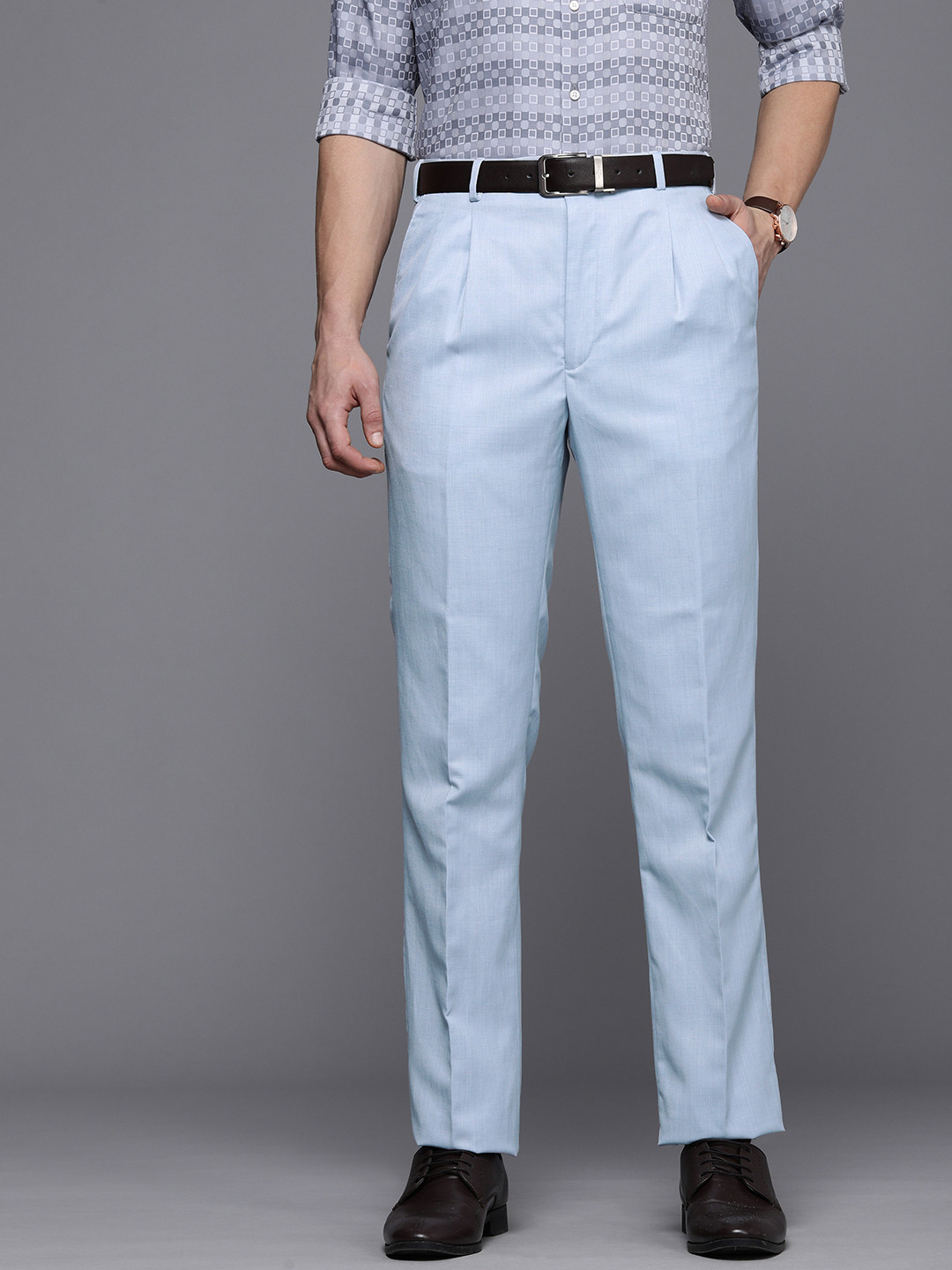 

Raymond Men High-Rise Pleated Formal Trousers, Blue