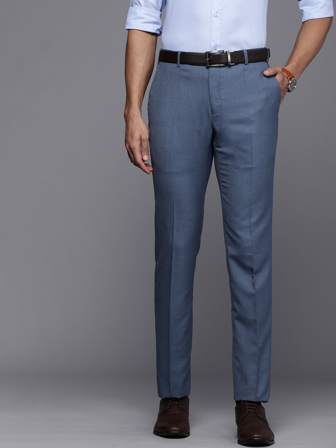 

Raymond Men Slim Fit Low-Rise Flat Front Trousers, Blue