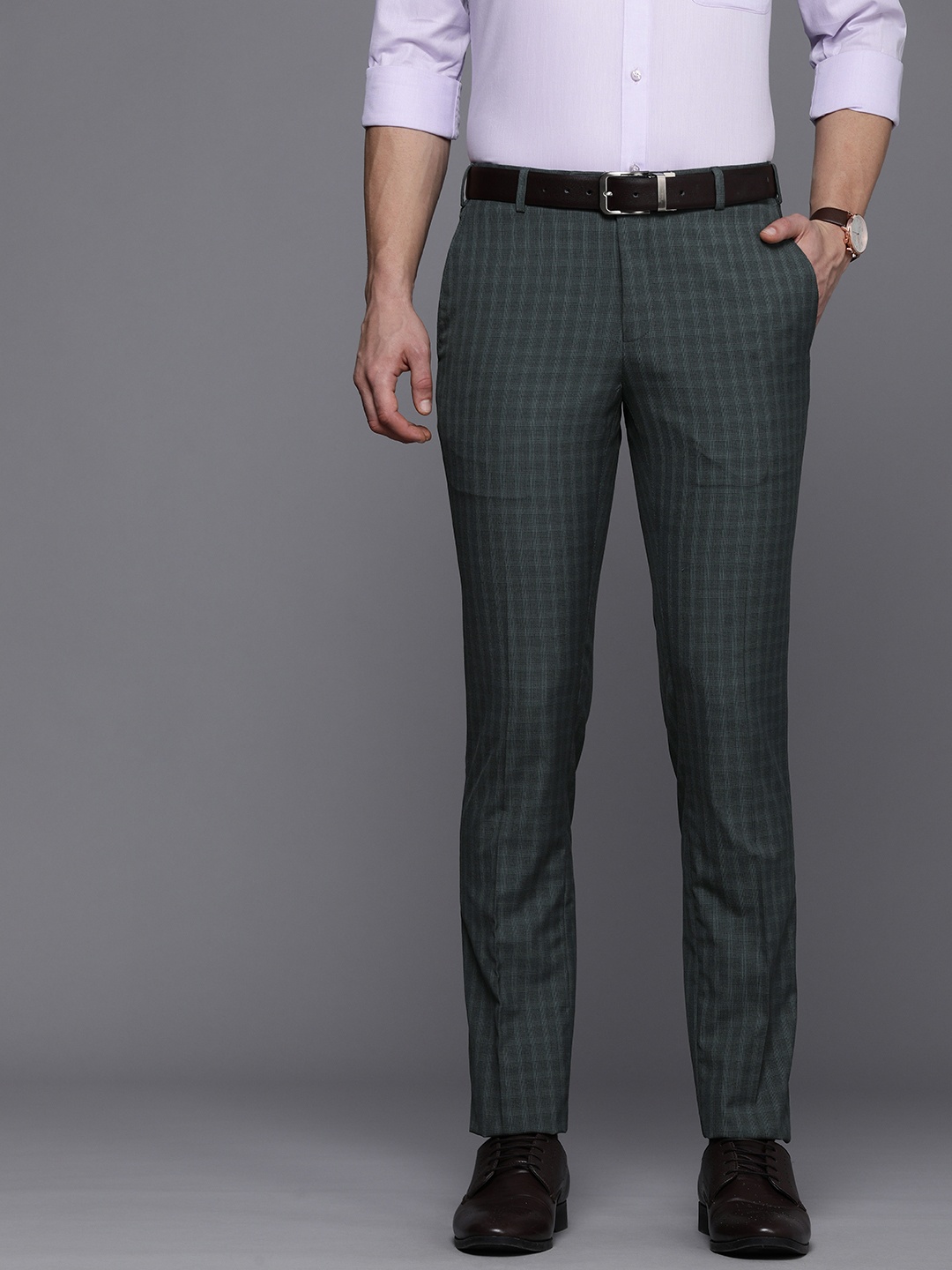 

Raymond Men Checked Slim Fit Low-Rise Trousers, Green