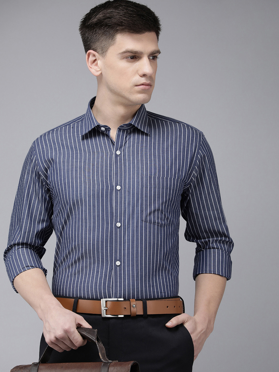 

Park Avenue Men Pure Cotton Super Slim Fit Striped Formal Shirt, Blue