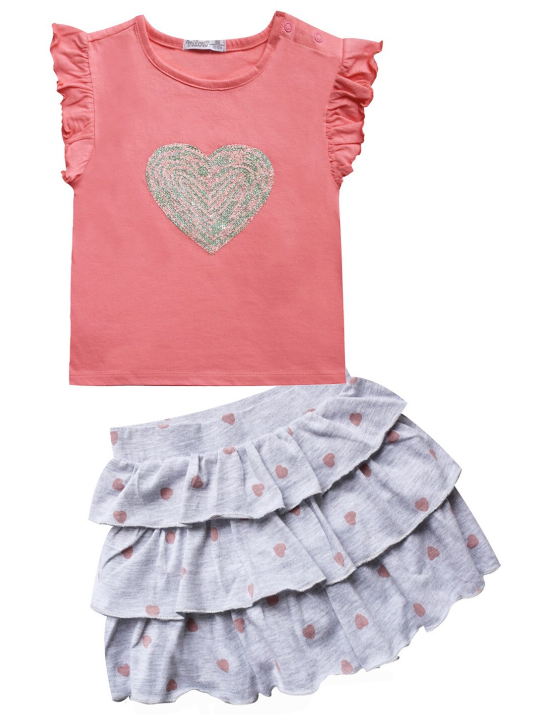 

milou Girls Peach-Coloured & Grey Top with Skirt