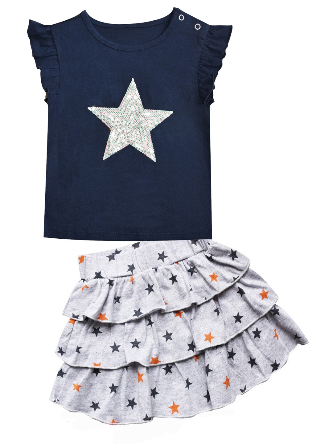 

milou Infants Girls Pure Cotton Printed Top with Skirt, Navy blue